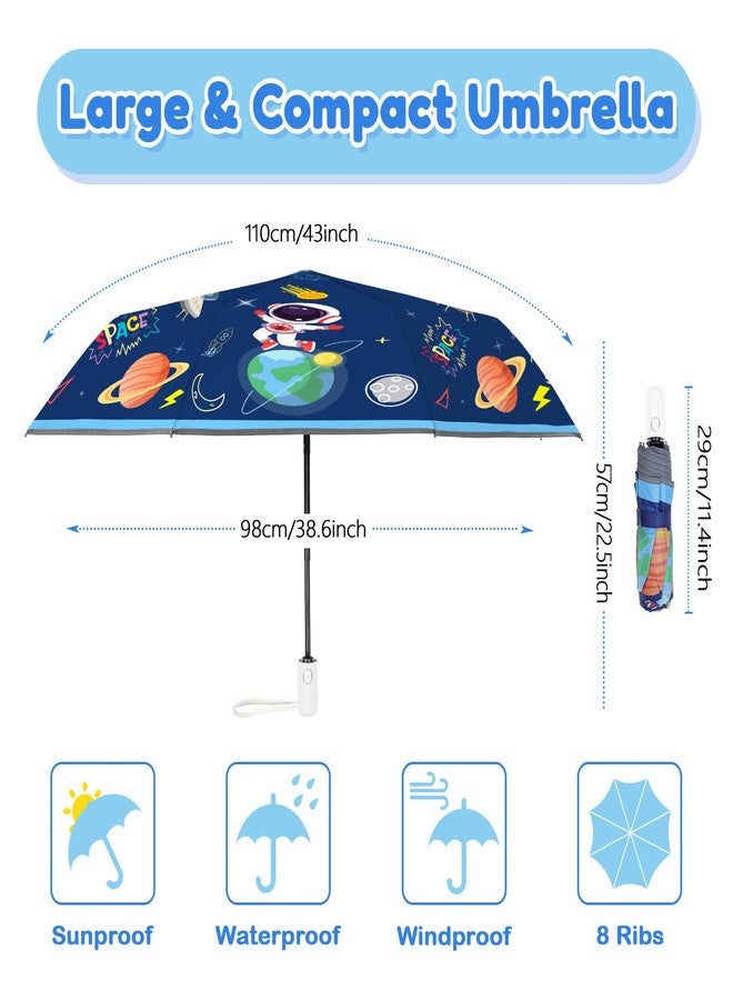alldomess Autoamtic Kids Umbrella UV Resistant, Folding Compact Umbrella 360° Reflective Strip for Travel Outdoor, Lightweight Cute Kids Parasol Anti-rebound Safe for Toddler,Blue Astronaut - Image 3